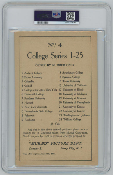 1910-11 CORNELL #4 T6 Murad Tobacco Premium Large College Series Type 2 PSA  Image 2