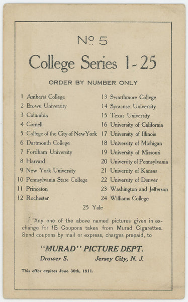 1910-11 C.C.N.Y. #5 T6 Murad Tobacco Premium Large College Series Image 2