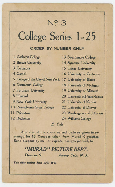1910-11 Columbia. #3 T6 Murad Tobacco Premium Large College Series Image 2