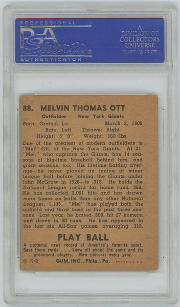 1940 Play Ball Mel Ott #88 PSA 6 Image 2