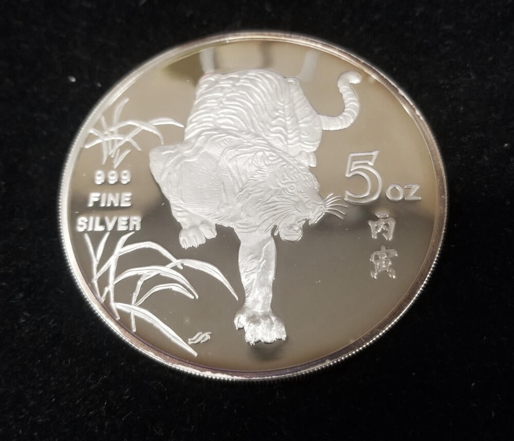 1986 SM Singapore Tiger, 5 Oz .999 Fine Silver, Proof Image 1