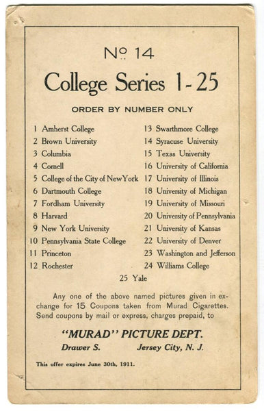 1910-11 Syracuse #14 T6 Murad Tobacco Premium Large College Series Type 1  Image 2