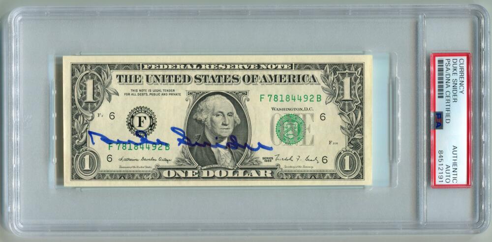 Duke Snider Signed $1 Dollar Bill Autograph. Auto PSA Image 1