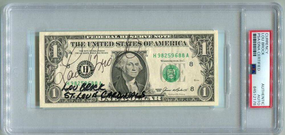 Lou Brock Signed $1 Dollar Bill Autograph. Auto PSA Image 1