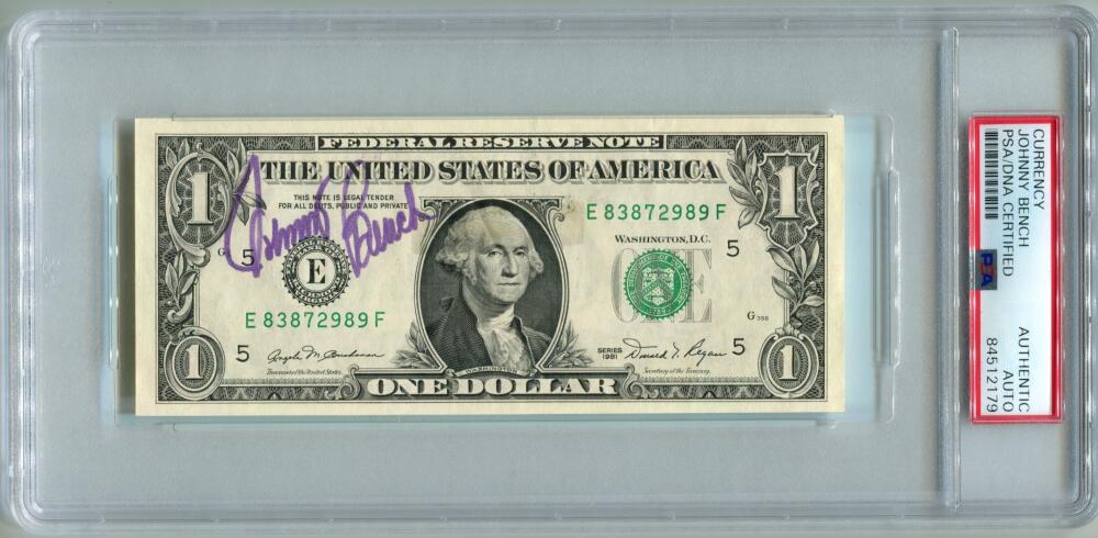 Johnny Bench Signed $1 Dollar Bill Autograph. Auto PSA Image 1