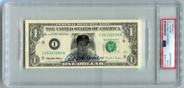 Al Kaline Signed $1 Dollar Bill Autograph. Auto PSA Image 1