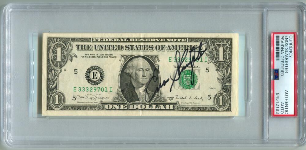 Enos Slaughter Signed $1 Dollar Bill Autograph. Auto PSA Image 1