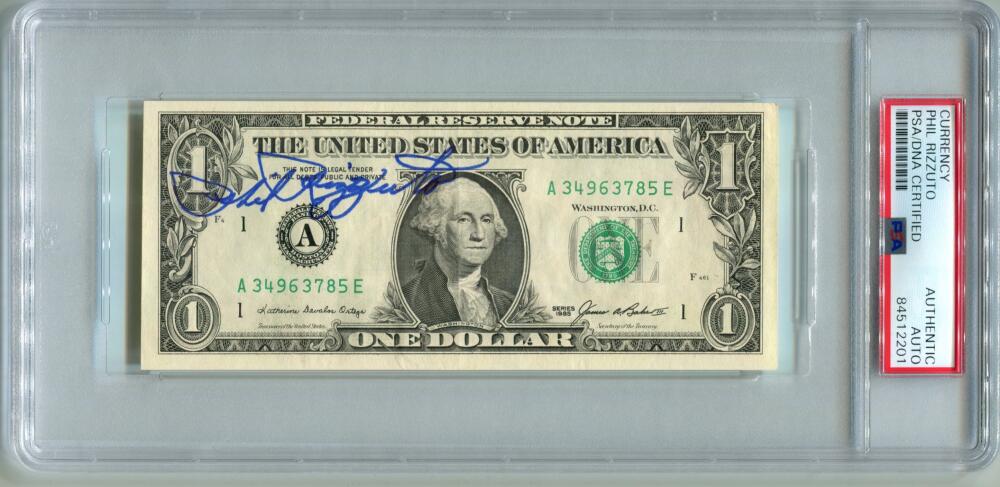 Phil Rizzuto Signed $1 Dollar Bill Autograph. Auto PSA Image 1