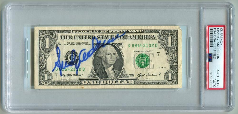 Sparky Anderson Signed $1 Dollar Bill Autograph. Auto PSA Image 1