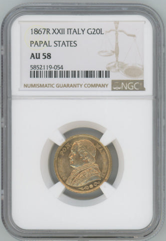 1867 R XXII Italy Gold 20 Lire. Papal States. NGC AU58 Image 1