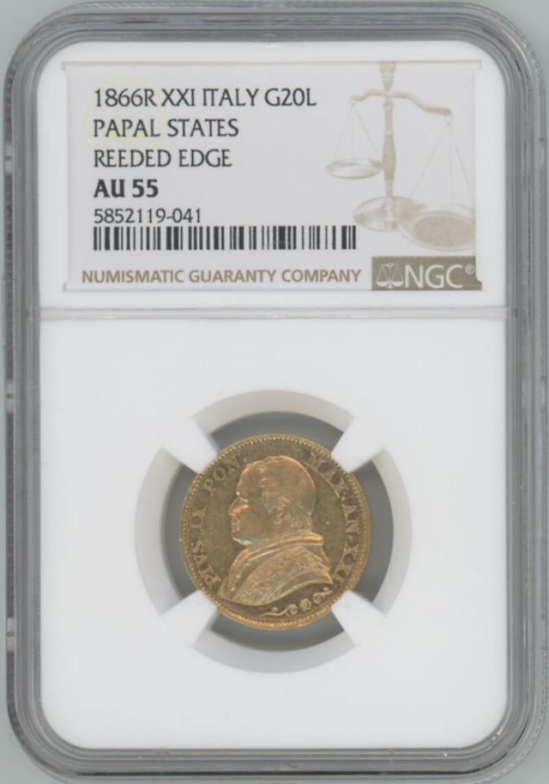 1866 R XXI Italy Gold 20 Lire. Papal States. Reeded Edge. NGC AU55 Image 1