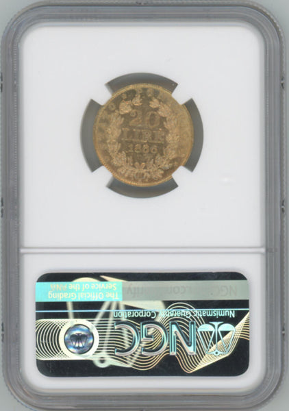 1866 R XXI Italy Gold 20 Lire. Papal States. Reeded Edge. NGC AU55 Image 2