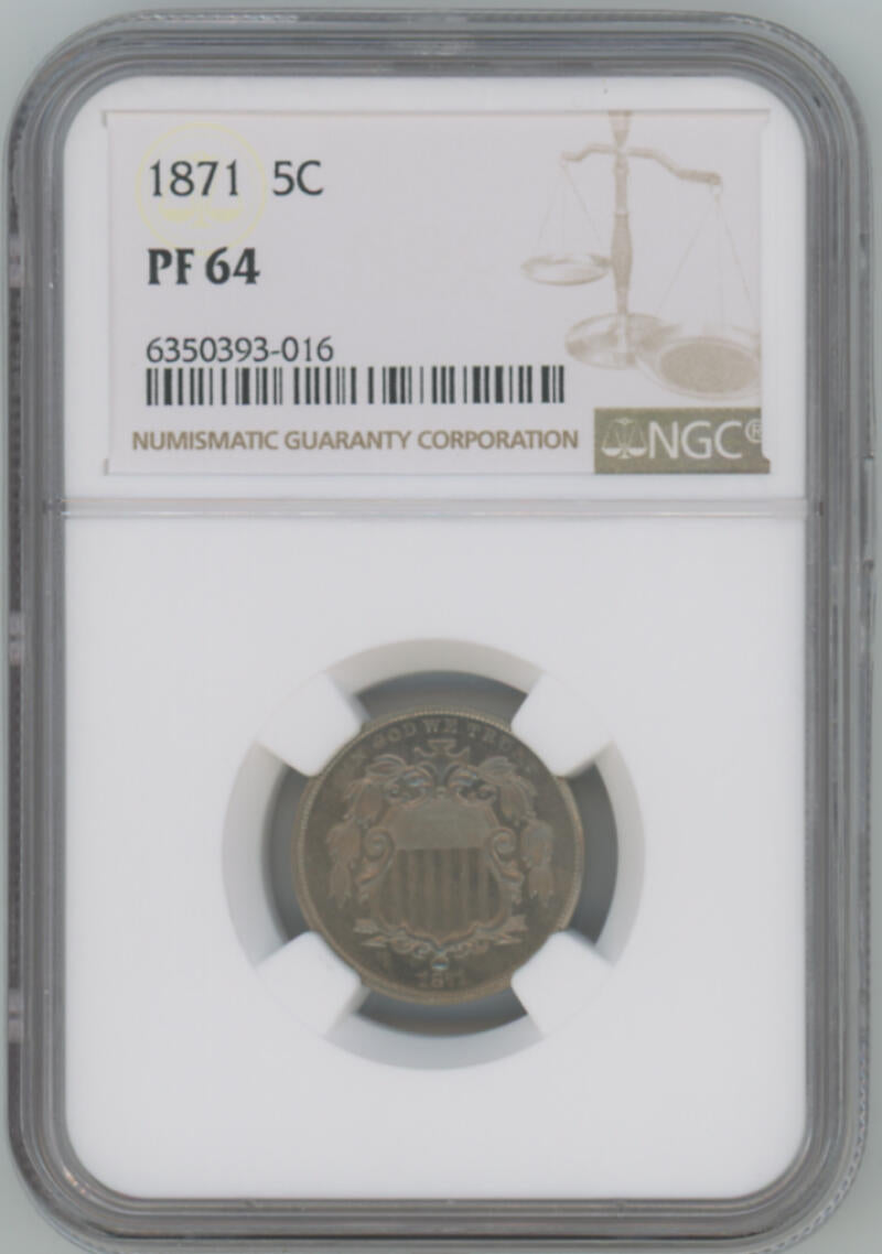 1871 Proof Shield Nickel 5C, NGC PF64 Image 1