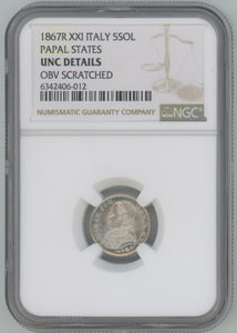 1867 R XXI Italy 5 Soldi. Papal States. NGC Unc Details Image 1