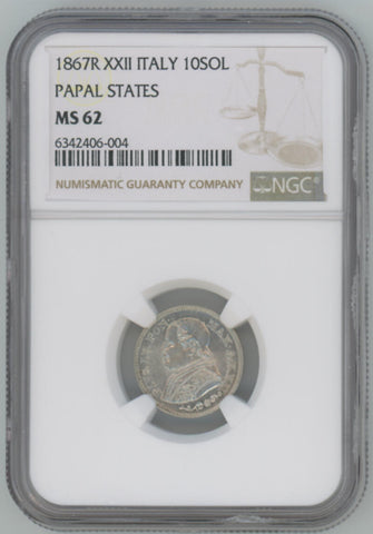 1867 R XXII Italy 10 Soldi. Papal States. NGC MS62 Image 1