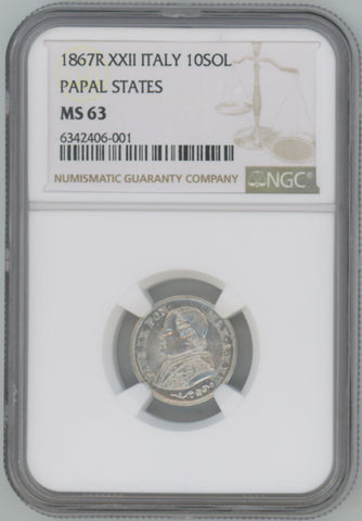 1867 R XXII Italy 10 Soldi. Papal States. NGC MS63 Image 1