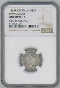 1868 R XXII Italy 10 Soldi. Papal States. NGC Unc Details Image 1