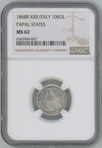 1868 R XXII Italy 10 Soldi. Papal States. NGC MS62 Image 1