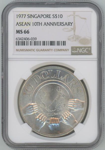 1977 Singapore Silver $10 dollars. Asean 10th Anniversary. NGC MS66 Image 1
