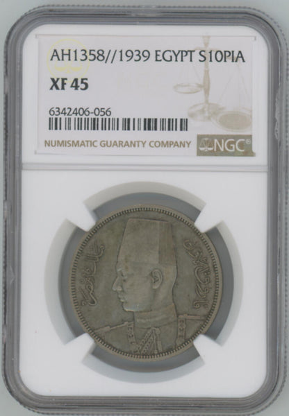 AH 1358 1939 Egypt Silver 10 Piastres. NGC XF45 Image 1