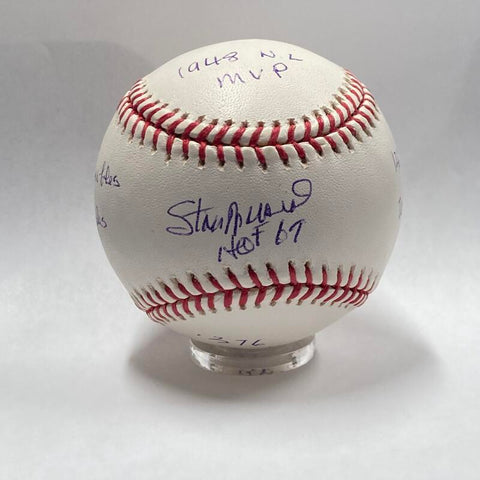 Stan Musial Single Signed Inscribed "HOF 67" 1948 Statistics Baseball. PSA Image 1
