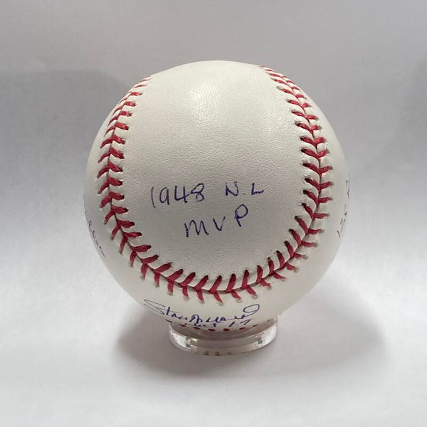 Stan Musial Single Signed Inscribed "HOF 67" 1948 Statistics Baseball. PSA Image 2