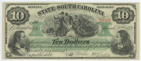 State of South Carolina $10 Bank Note. Uncirculated.  Image 1