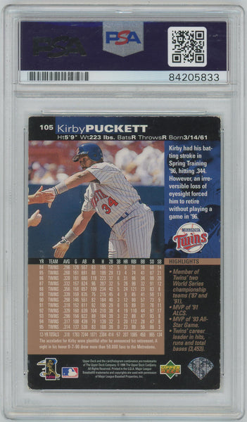 Kirby Puckett Signed 1996 Upper Deck Trading Card. PSA Auto Image 2