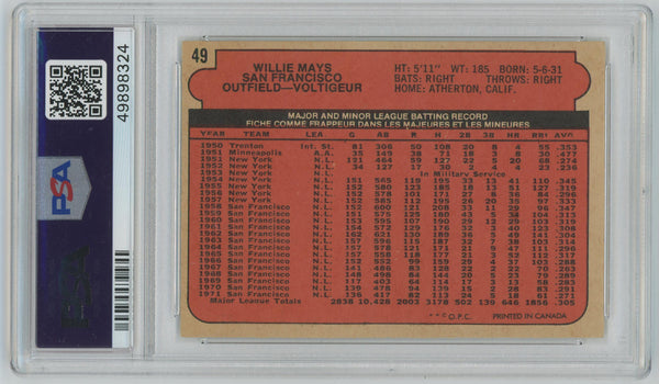 1972 O-Pee-Cheese Willie Mays #49 VG Baseball Card. PSA 3 Image 2