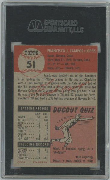Frank Campos 1953 Topps Trading Card. SGC 6 Image 2