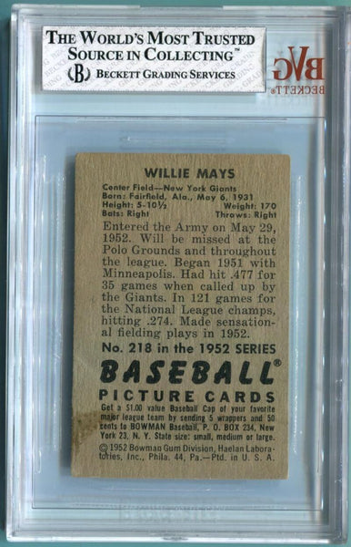 1952 Bowman Willie Mays #218 Card. Beckett 3.5 Image 2