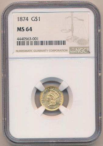 1874 $1 Dollar Gold. Type 3. NGC MS64 Image 1