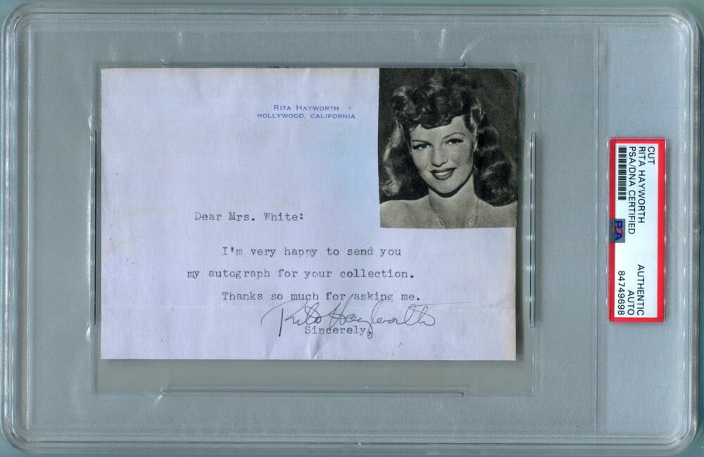 1987 Rita Hayworth Signed Cut Card. PSA Authentic Image 1