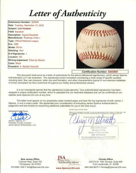 Carl Hubbell Single Signed Baseball. Auto JSA Image 4