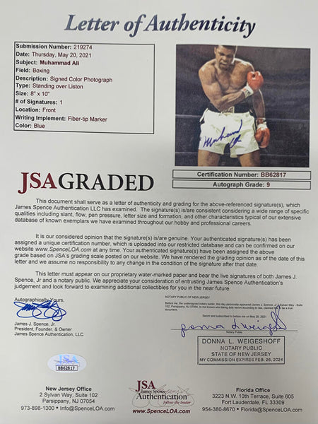 Muhammad Ali Signed 8x10 Photo Over Liston. Graded Auto JSA Mint 9 Image 2