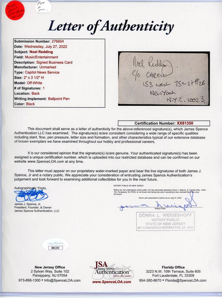 Noel Redding Signed Business Card. JSA Authentic Certified  Image 3