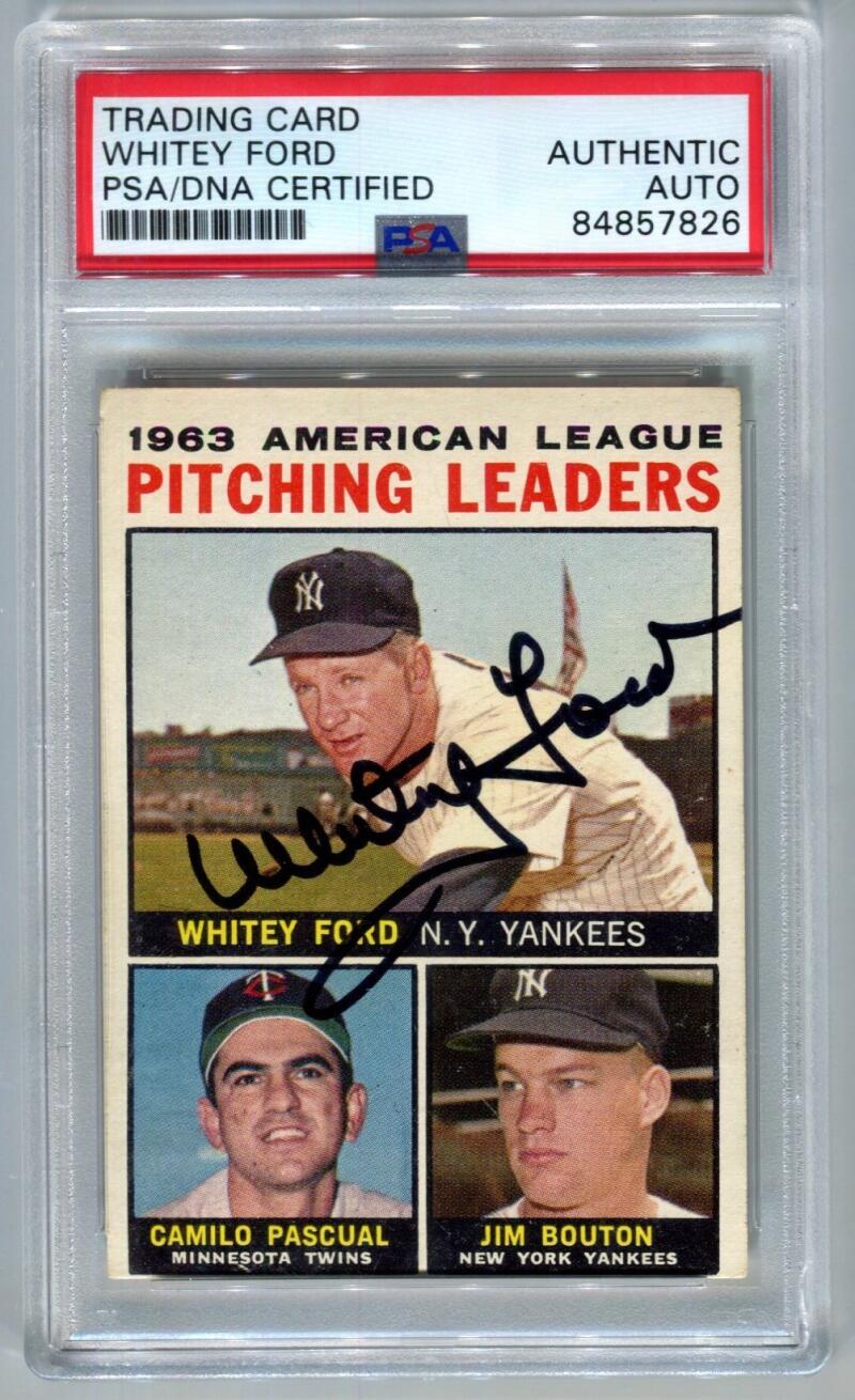 1964 Topps Whitey Ford '63 AL Pitching Leaders Signed #4. Auto PSA Image 1