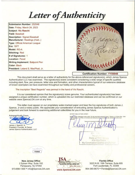 Vic Raschi Single Signed Baseball. Official American League, MacPhail. PSA Image 6