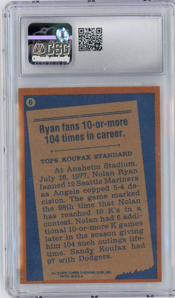 1978 Topps #6 Nolan Ryan Baseball Card. CSG NM 7 Image 2