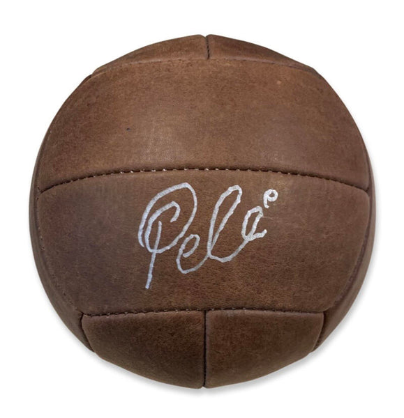 Pele Signed Soccer Ball, Vintage 1950s Style Leather Panel. Auto Beckett BAS Image 1
