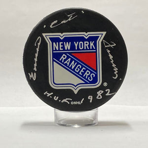 Emile "Cat" Francis Signed Inscribed "HOF 1982" New York Rangers Puck. Auto PSA (sticker only) Image 1