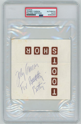 Johnny Carson Signed Original Toots Shor Napkin. Auto PSA/DNA Image 1