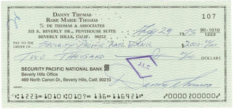 Danny Thomas Signed Check 1975. Auto JSA Image 1