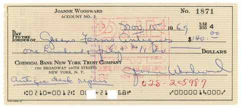 Joanne Woodward Signed Check. Auto JSA Image 1
