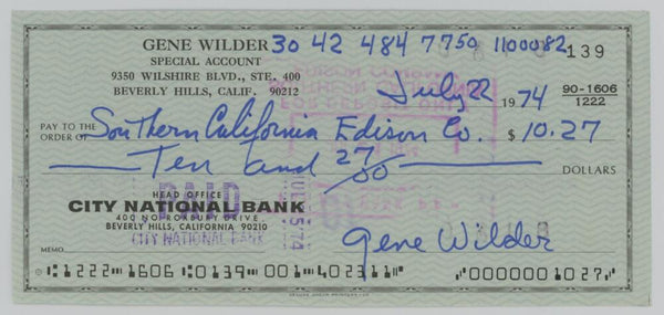 Gene Wilder Signed Check. Auto JSA Image 1