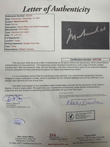 Muhammad Ali Signed 16x20 Photo Over Liston, Framed. Auto JSA Image 3