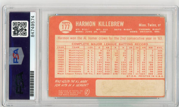 Harmon Killebrew 1964 Topps #177 Vintage Card. PSA Image 2