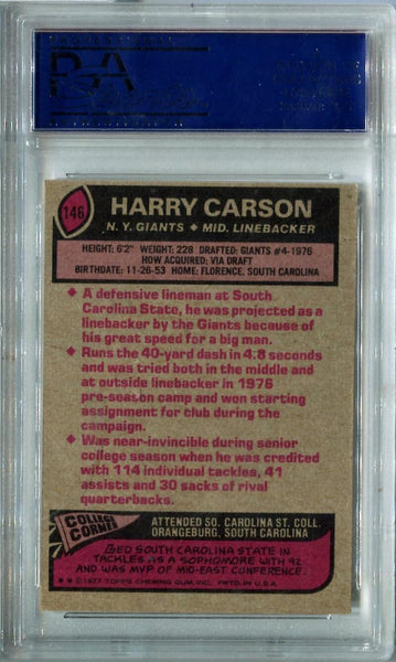 Harry Carson 1977 Topps Trading Card. Auto PSA Image 2