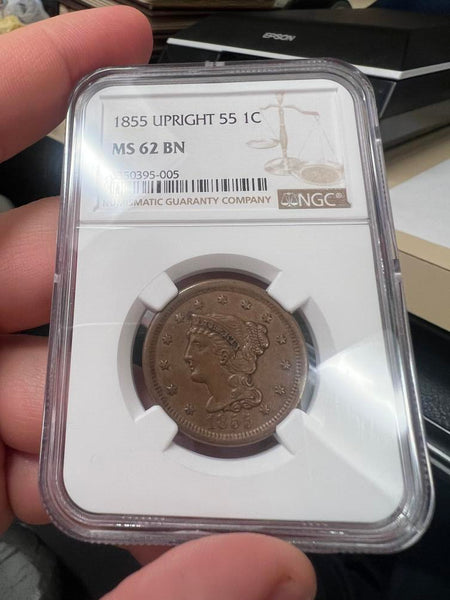 1855 Upright 55 Braided Hair Large Cent, NGC MS62 Brown Image 1
