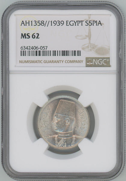 AH 1358 1939 Egypt Silver 5 Piastres. NGC MS62 Image 1